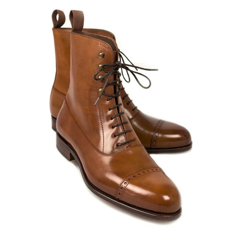 Men's Handmade Bordeaux Balmoral Tan Shell Cordovan Boots Customize ...