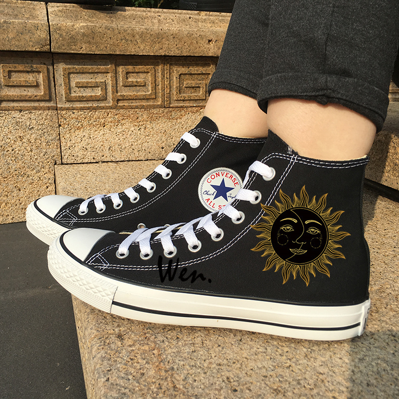 Original Design Black Converse Shoes Special Sun Moon Face High Top Sneakers