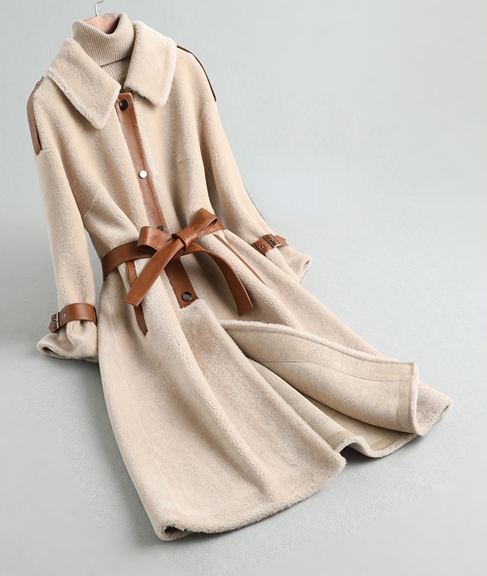 New beige shearling wool button down women long coat with belt and brown details