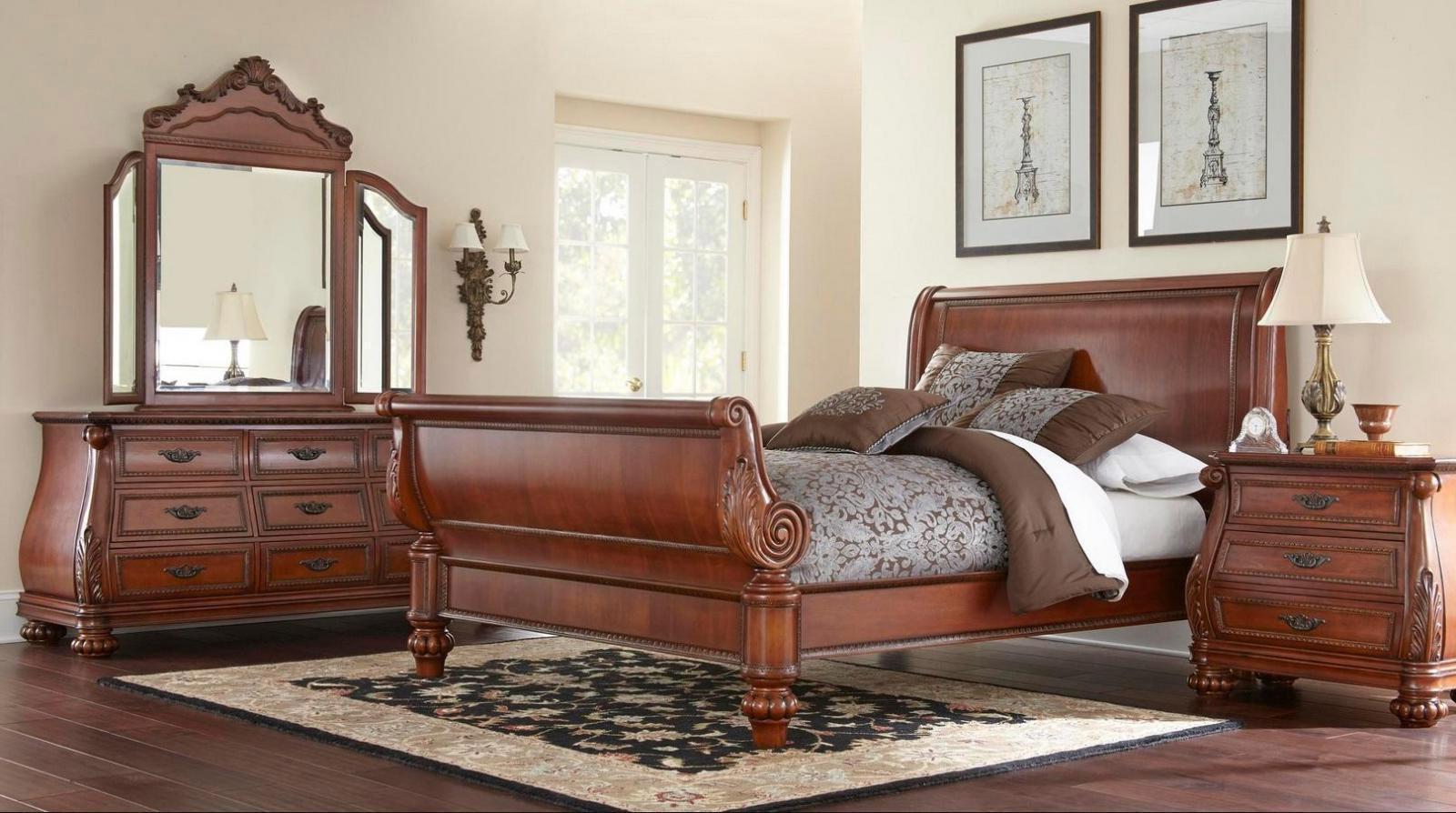 Brown Wood Queen Sleigh Bed Classic Traditional Soflex Stevie Cherry ...