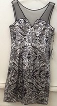 Adrianna Papell Sheer Yoke Shift Silver Black Sequin Mesh Sheath Dress Size 6P - $55.95