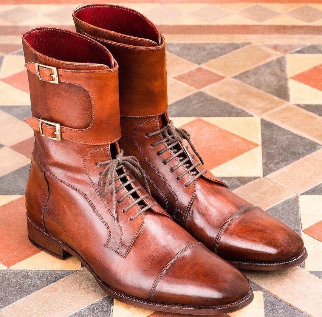 NEW Handmade Double Monk Ankle High Lace Up boot, Men's Brown Cap Toe Leather bo