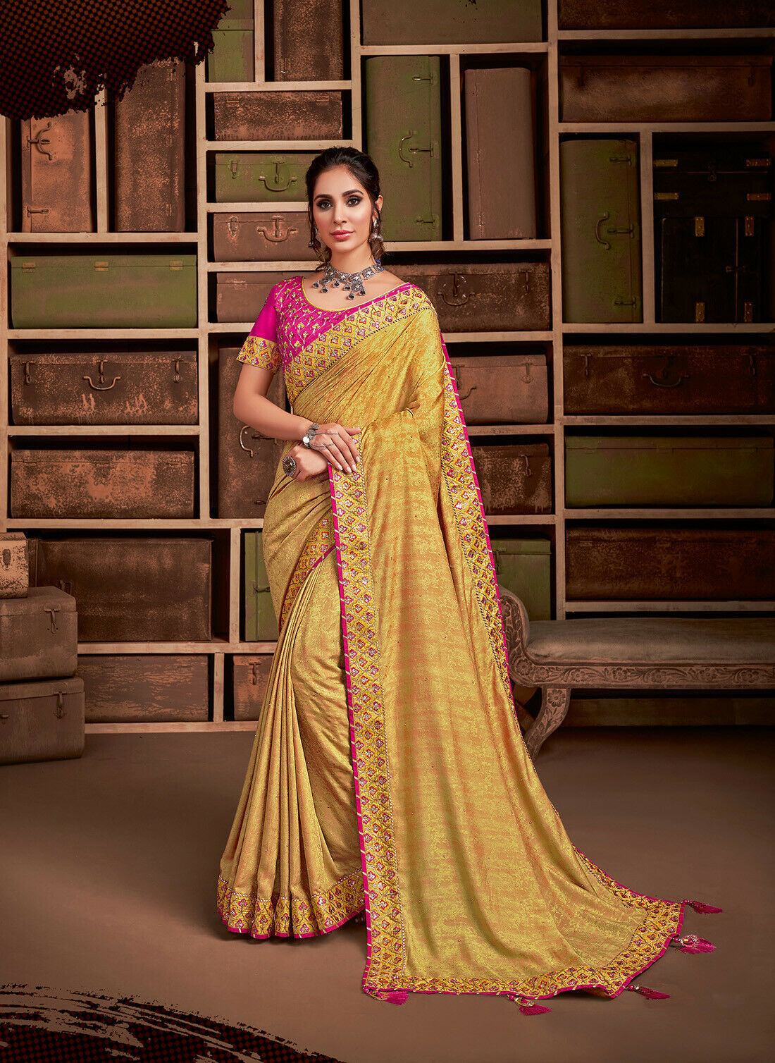 Designer Yellow Zari Embroidery Tassel Pallu Bollywood Sari Silk PartyWear Saree