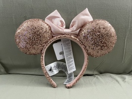 Disney Parks Rose Gold Color Sequin Pink Satin Bow Minnie Mouse Ear Headband NEW image 2