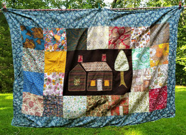 Charming Vintage 1975 Colorful Patchwork Cabin and Tree Hand Sewn Graphi... - $75.00