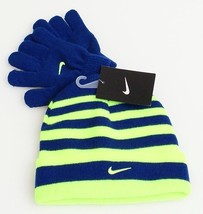 Nike Blue & Volt Stripe Knit Cuff Beanie & Stretch Gloves Youth Boy's 8-20 NWT - $25.98