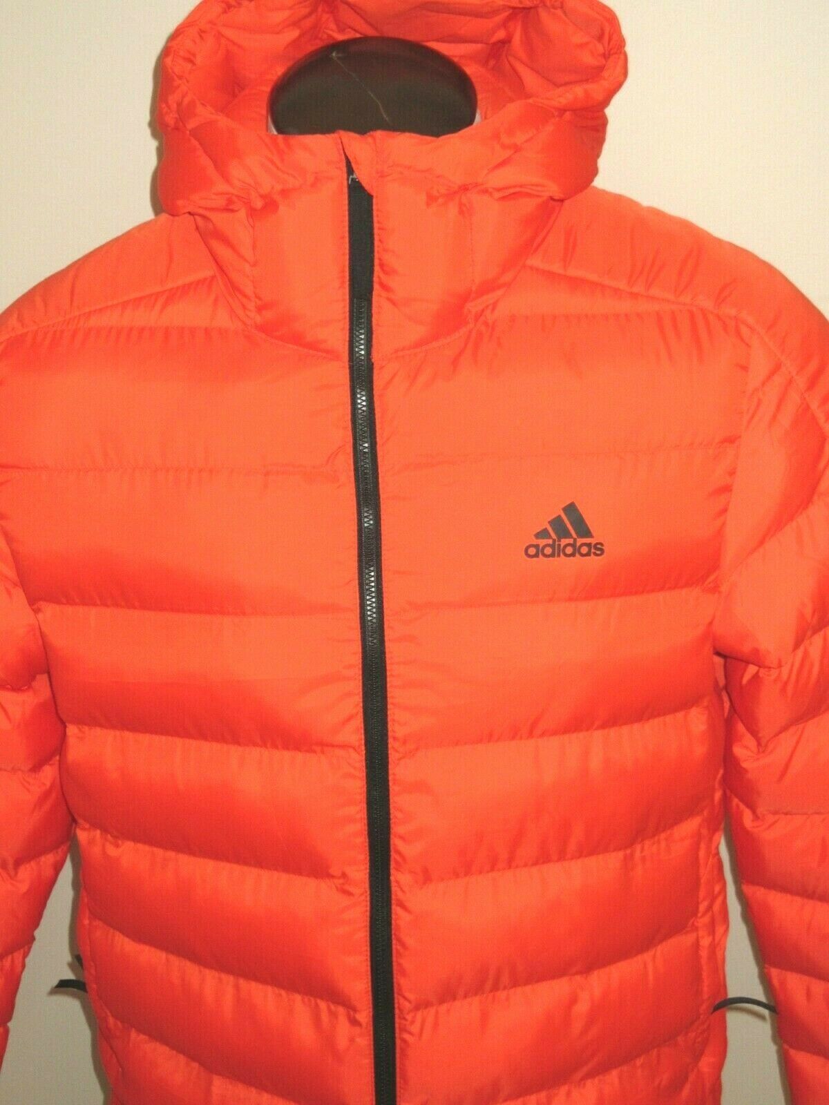 Adidas Mens Itavic 2.0 Puffer 3 Stripe Hooded Jacket Active Orange Size Small - Coats & Jackets