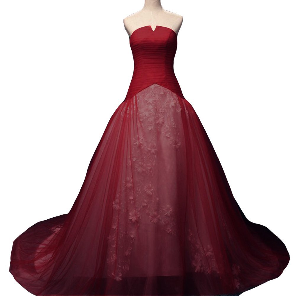 Kivary White and Wine Red Bridal Wedding Dresses with Floral Lace Strapless US 1