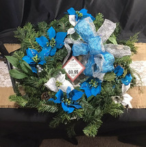 24” Blue &amp; Silver Poinsettia Wreath. Christmas Wreath Winter Wreath - $49.99