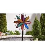 Flower Wind Spinner Stake 84&quot; High Iron Multicolored Layered 3-Pronged D... - $148.49