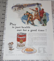 1932 Campbell&#39;s Soup Vintage Print Ad Kids Winter Snowball Fight Snowman... - $10.13