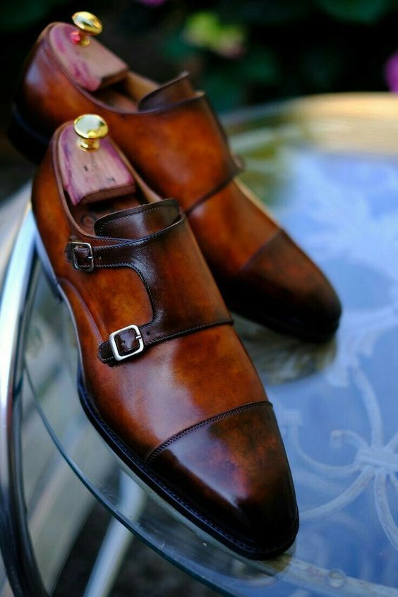 NEW Handmade Brown Leather Cap Toe Shoes, Men's Double Monk Shoes, Mens Straps S