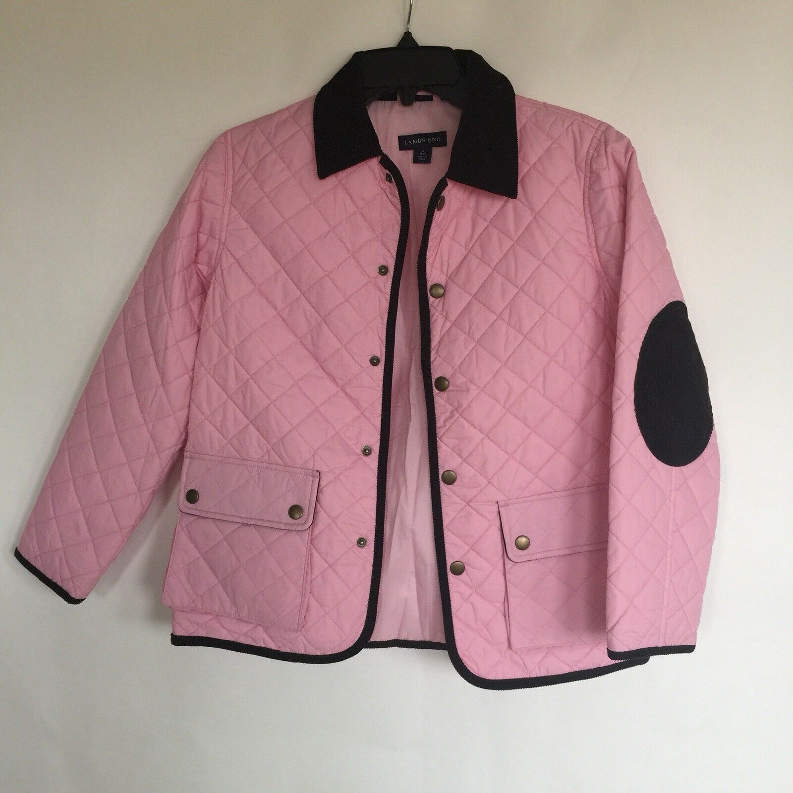 Lands End Womens Pink Quilted Jacket with brown Cord Trim Size Medium