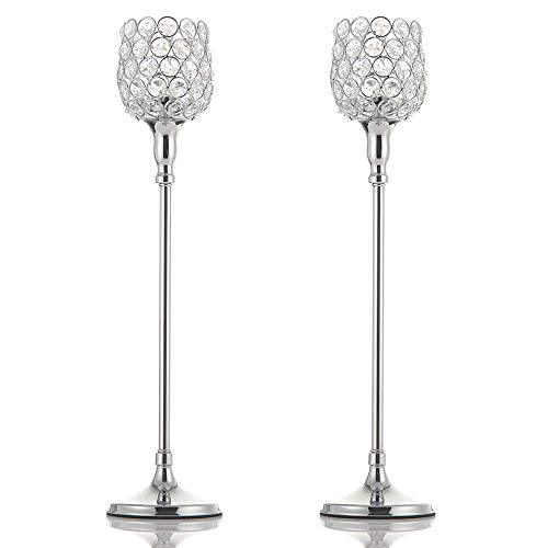 VINCIGANT Silver Crystal Candle Stick Holders Set for Wedding Home