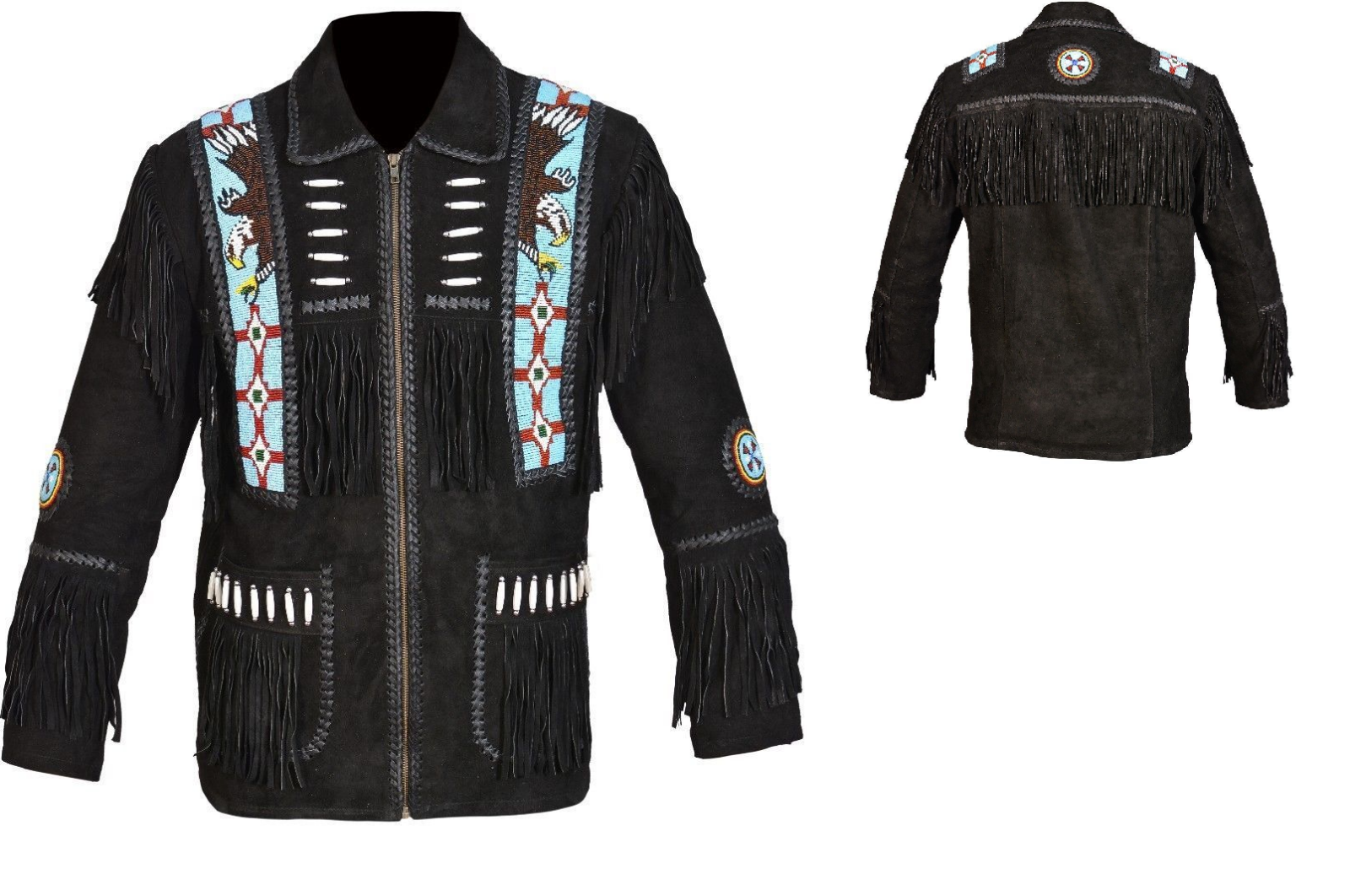 Men's New Native American Black Eagle Bead Fringe Cow Suede Leather ...