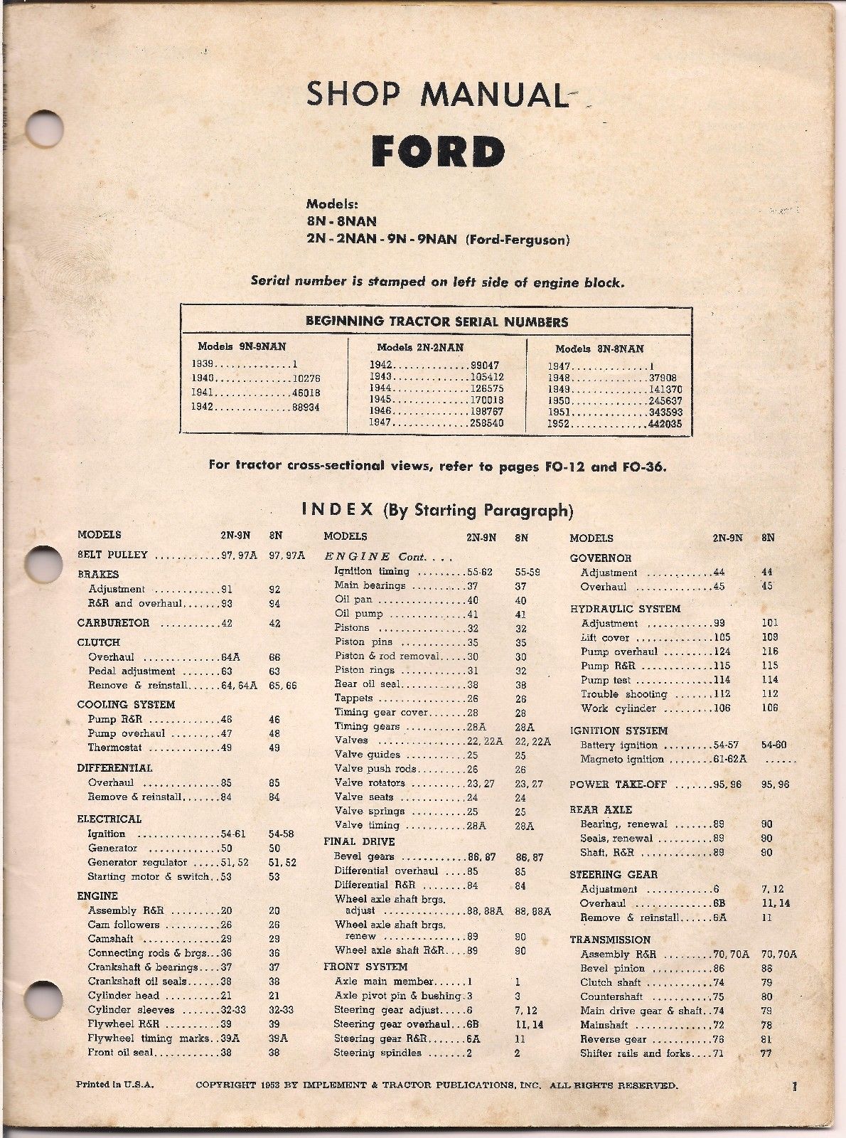 1953 Original Tractor Ford Ferguson I and T Shop Service Manual 2N 8N 9N No FO