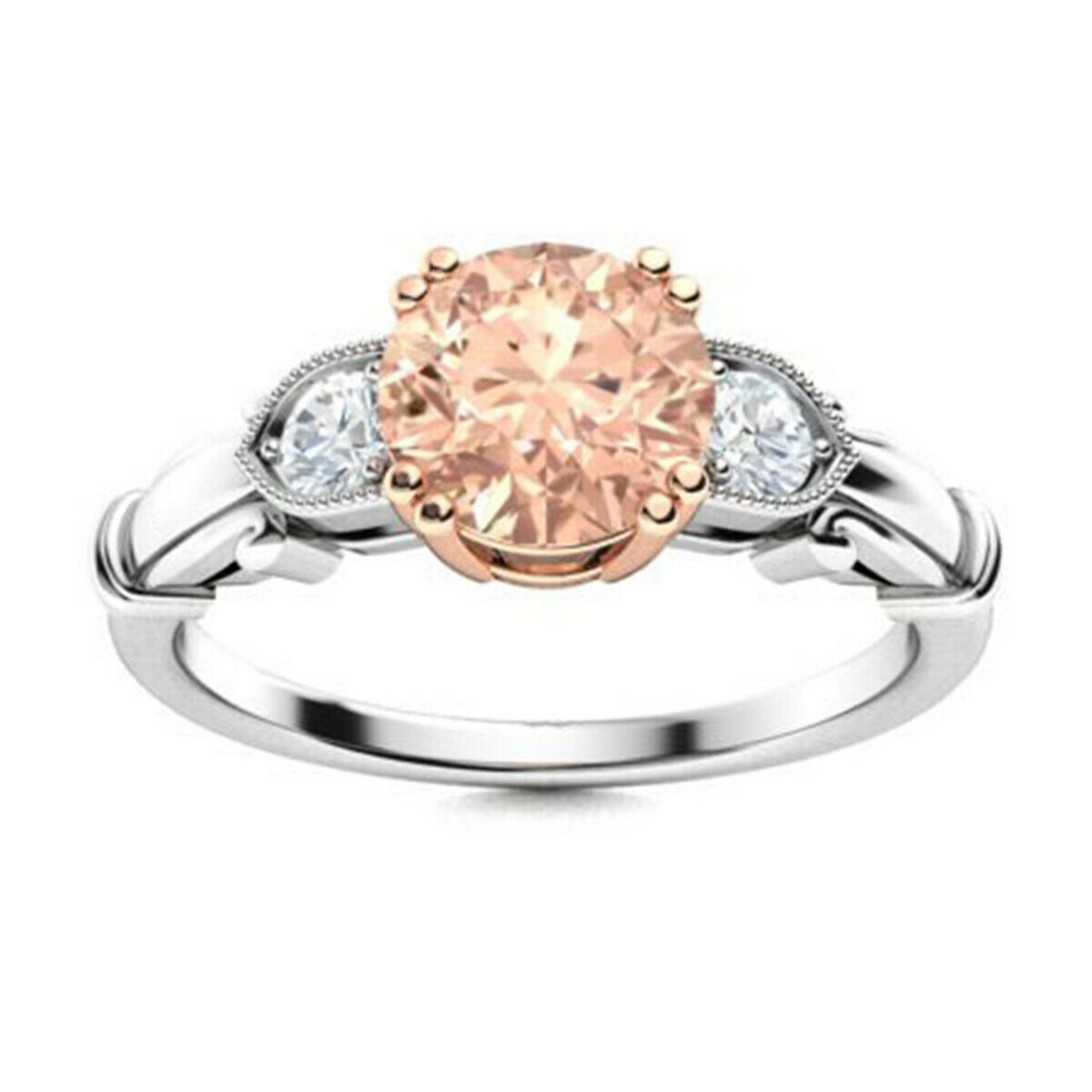 Double Prong Set 0.75 Ctw Round Morganite 10K White Gold Triology Ring