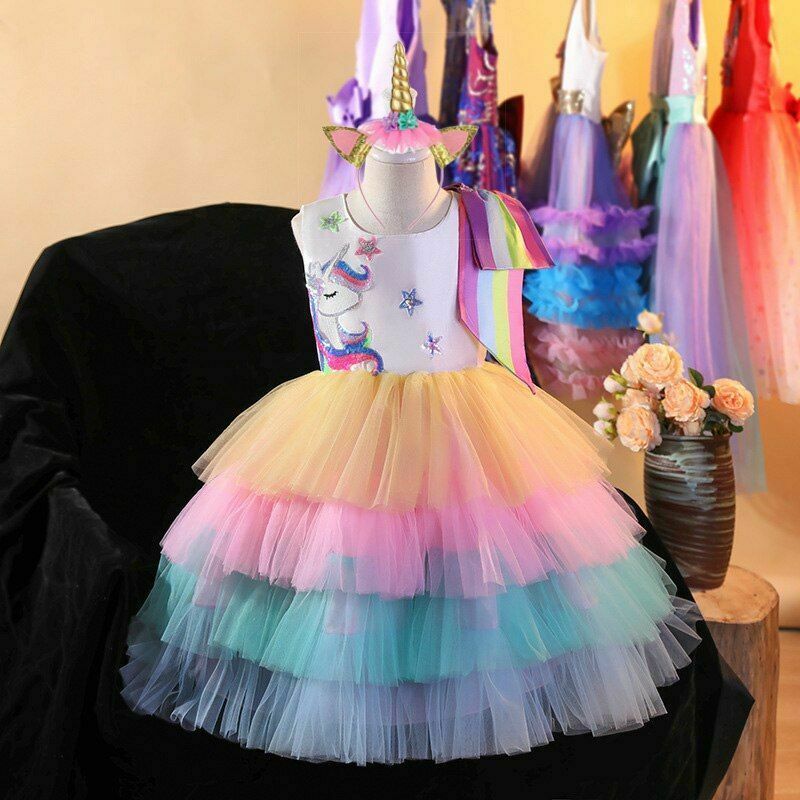 Unicorn Dress For Girls Rainbow Soft Tulle Tutu Birthday Long Dresses Sleeveless