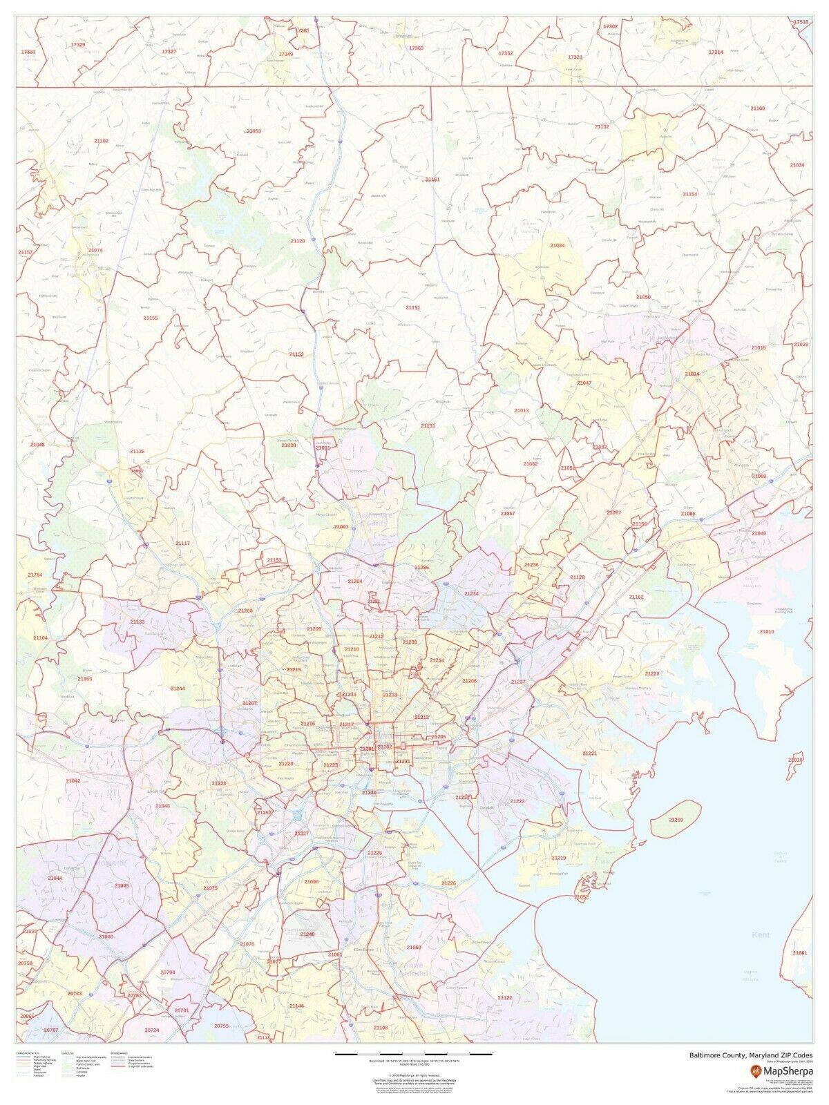 Baltimore County, Maryland ZIP Codes Laminated Wall Map (MSH) US