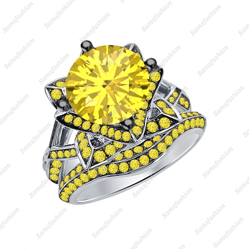 3ct Yellow Sapphire Lotus Flower Wedding Ring Bridal Set 14k White Gp 925 Silver