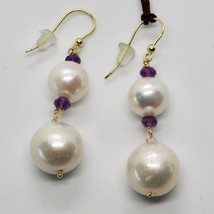 SOLID 18K YELLOW GOLD EARRINGS WITH WHITE FW PEARL AND AMETHYST MADE IN ITALY image 1