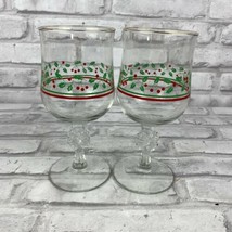 Libbey Holly Berry Gold Rim Christmas Stemmed Wine Water Glasses Goblet Set of 2 - $21.28