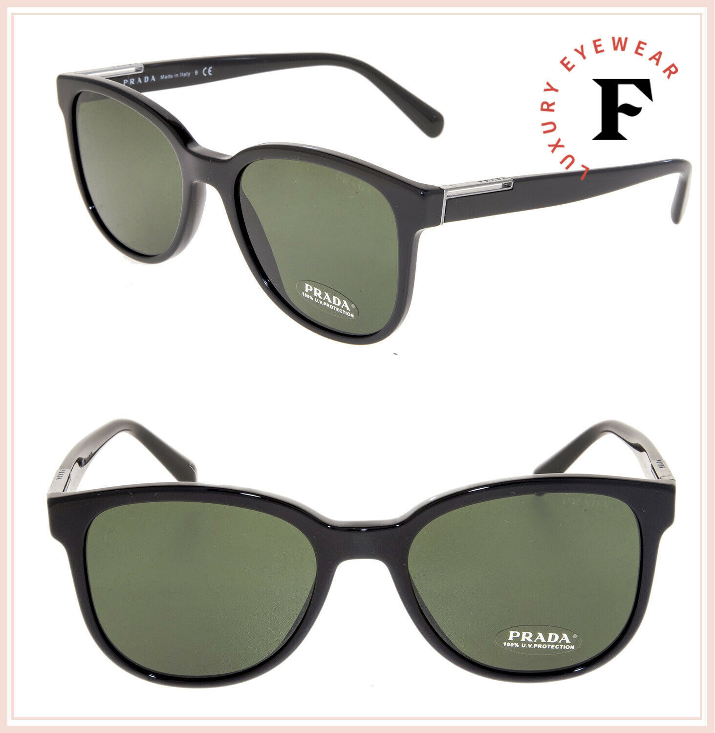 PRADA Black Classic PR08US Green Lens Square Sunglasses 08U Men Authentic