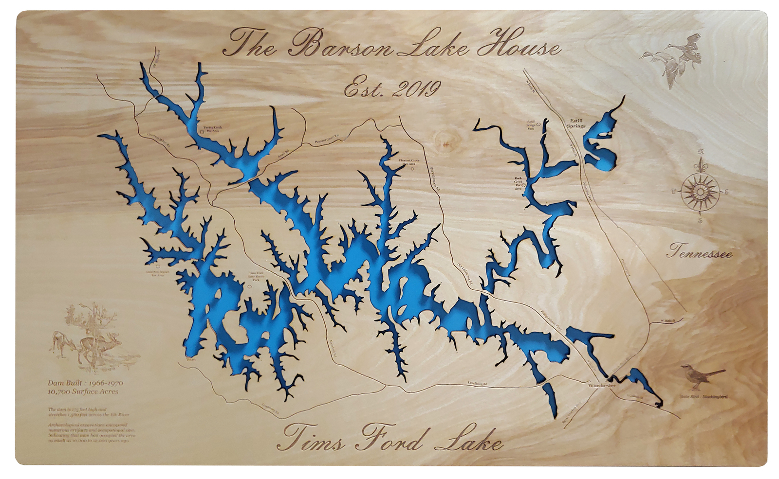 Wood Laser Cut Map of Tims Ford Lake, TN Topographical Engraved Map ...