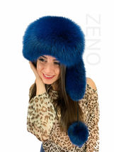 Finn Fox Fur Hat With Suede Trapper Hat Saga Furs Royal Blue Ushanka Hat image 6