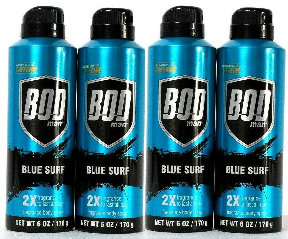 (Pack of 4) Bod Man Blue Surf 2X Fragrance Body Spray Boosted With Caffeine 6 Oz