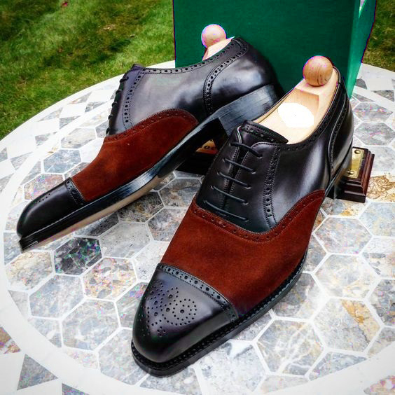 New Handmade Men's Leather and Suede Shoes, Cap toe Black Red Brogue Shoes 2019