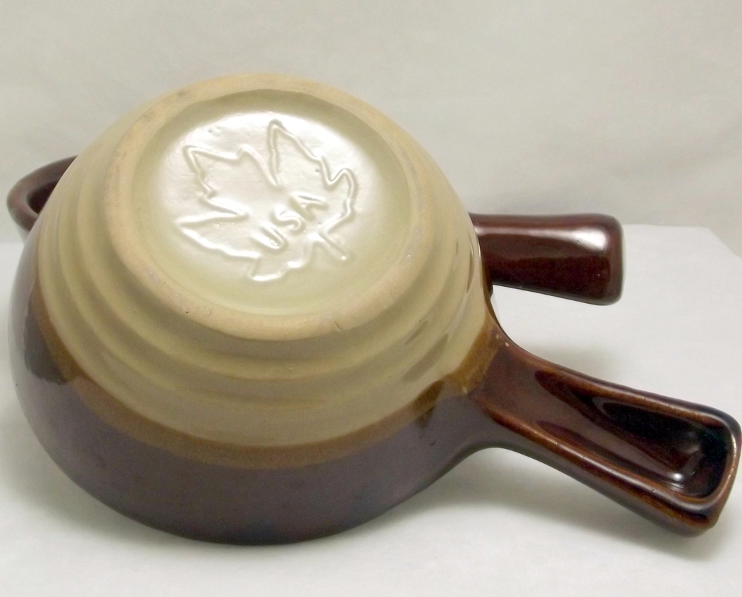 Pair vintage Monmouth Western Stoneware handled soup bowls made in USA