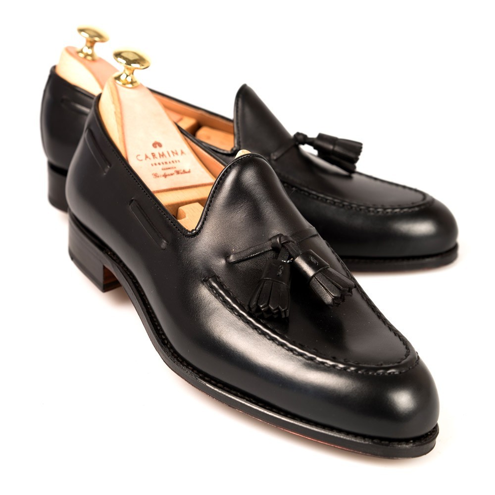 Black Genuine Leather Apron Toe Tassel Loafer Slip Ons Handcrafted Men ...