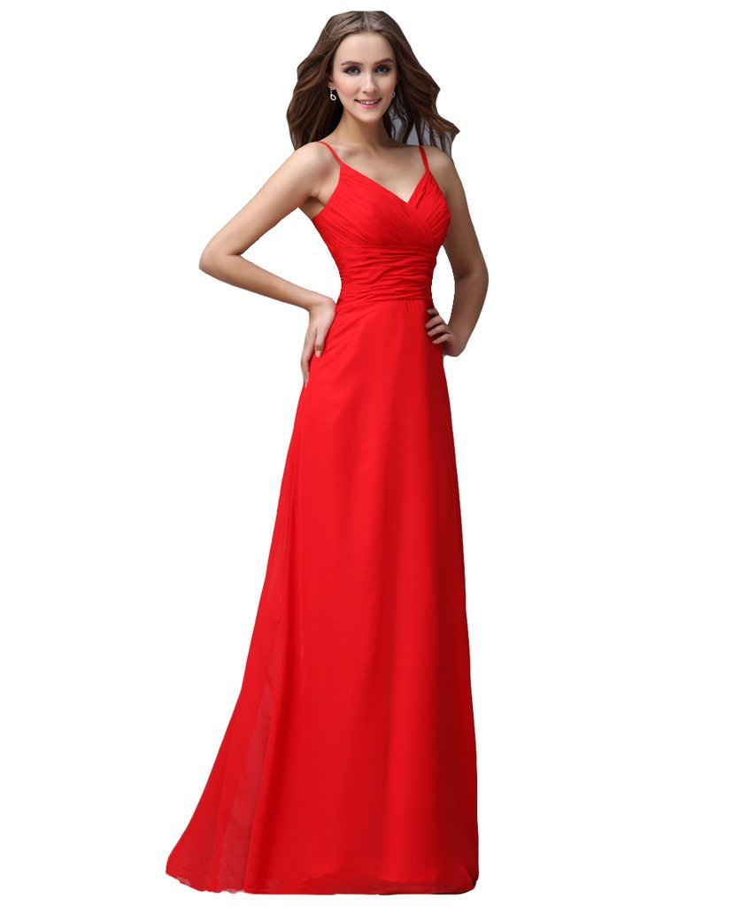 Kivary Women's Long Spaghetti A Line Chiffon Prom Evening Dresses Red US 2