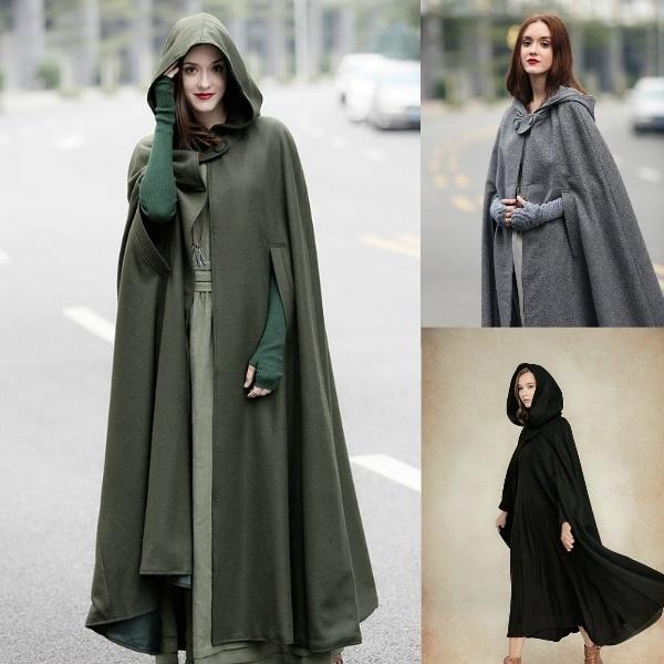 Women's Fashion Autumn Winter Gothic Trendy Maxi Hooded Wool Cloak