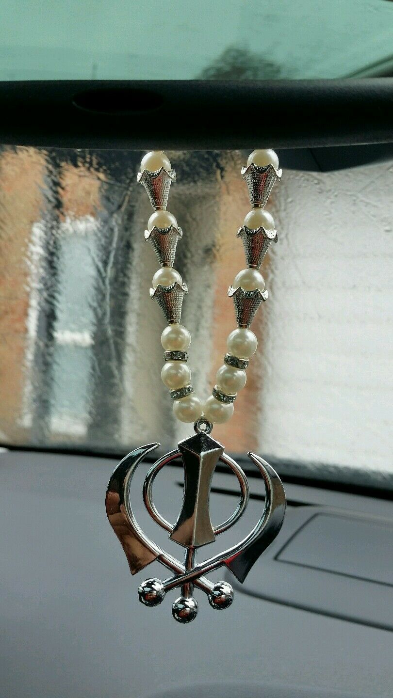 Primary image for Silver Plated Punjabi Sikh Large Khanda Pendant Car Hanging white Pearl Beads