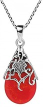 Sterling Silver Red Coral Vintage Floral Vine Adorned Teardrop Pendant Necklace - $79.69