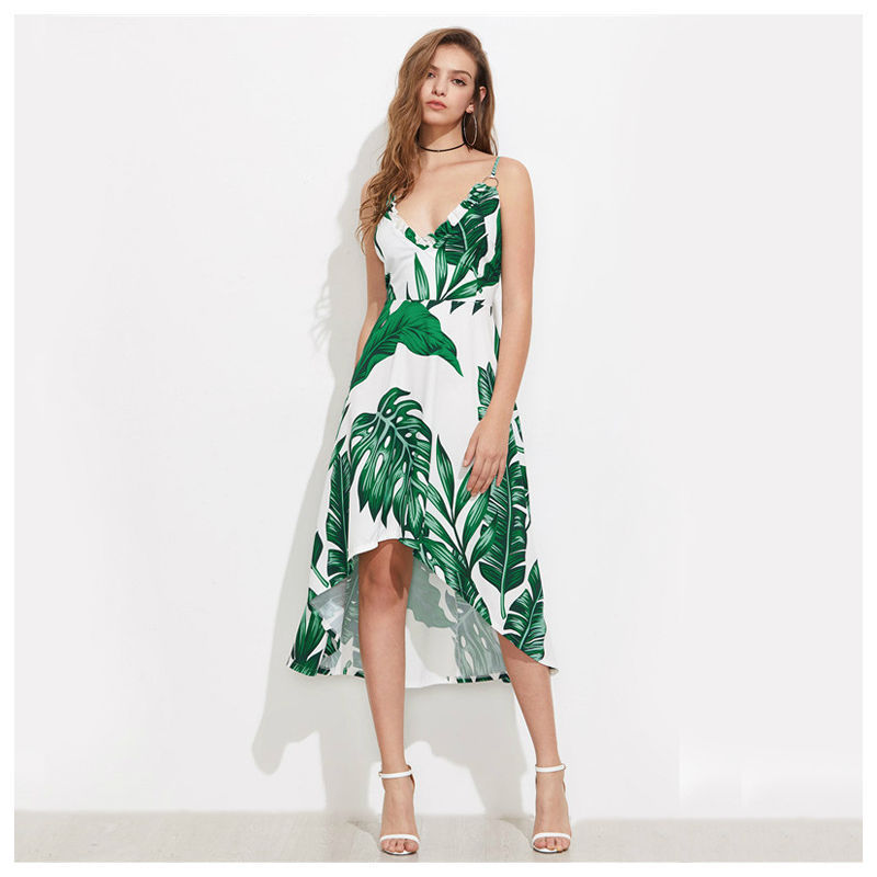 Image of Green Palm Leaf Banana Leaf Print Summer Beach Dress Women Elegant Dresses