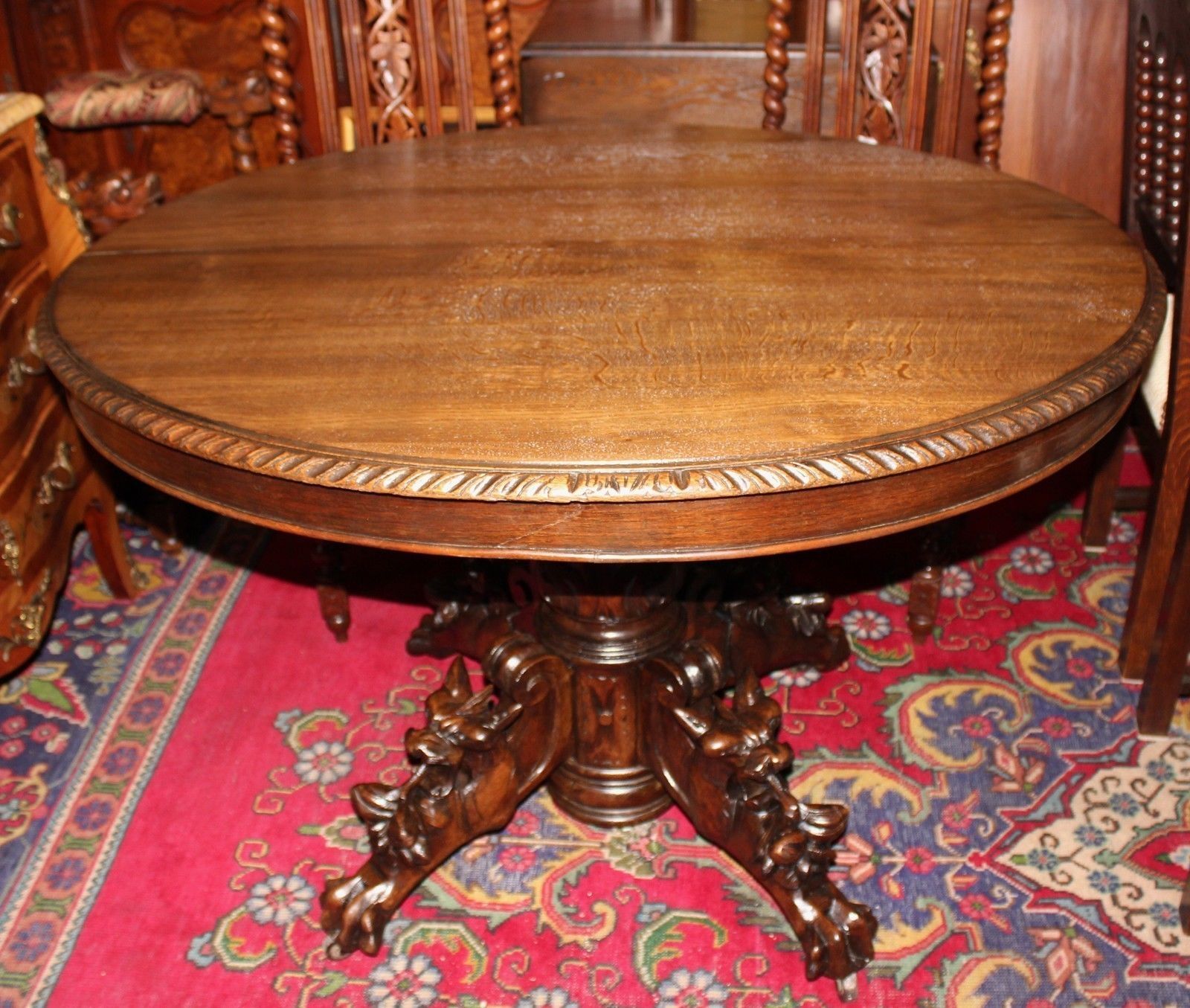 Beautiful Henry II French Antique Solid Oak Round Carved Hunt Scene Dining Table 18001899