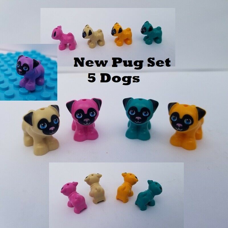 New Lego Friends PUG Dog Set of 5 Mini Doll Pet Purple Pink Blue Green Minidoll