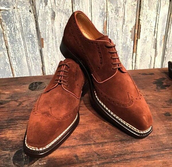 Wing Tip Brown Color Suede Leather Oxford Party Wear Lace Up Handmade Men Shoes
