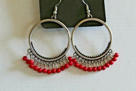 Silver Circle Dangle Fishhook Earrings Paparazzi Fashion Jewelry New Red Beads - $8.42