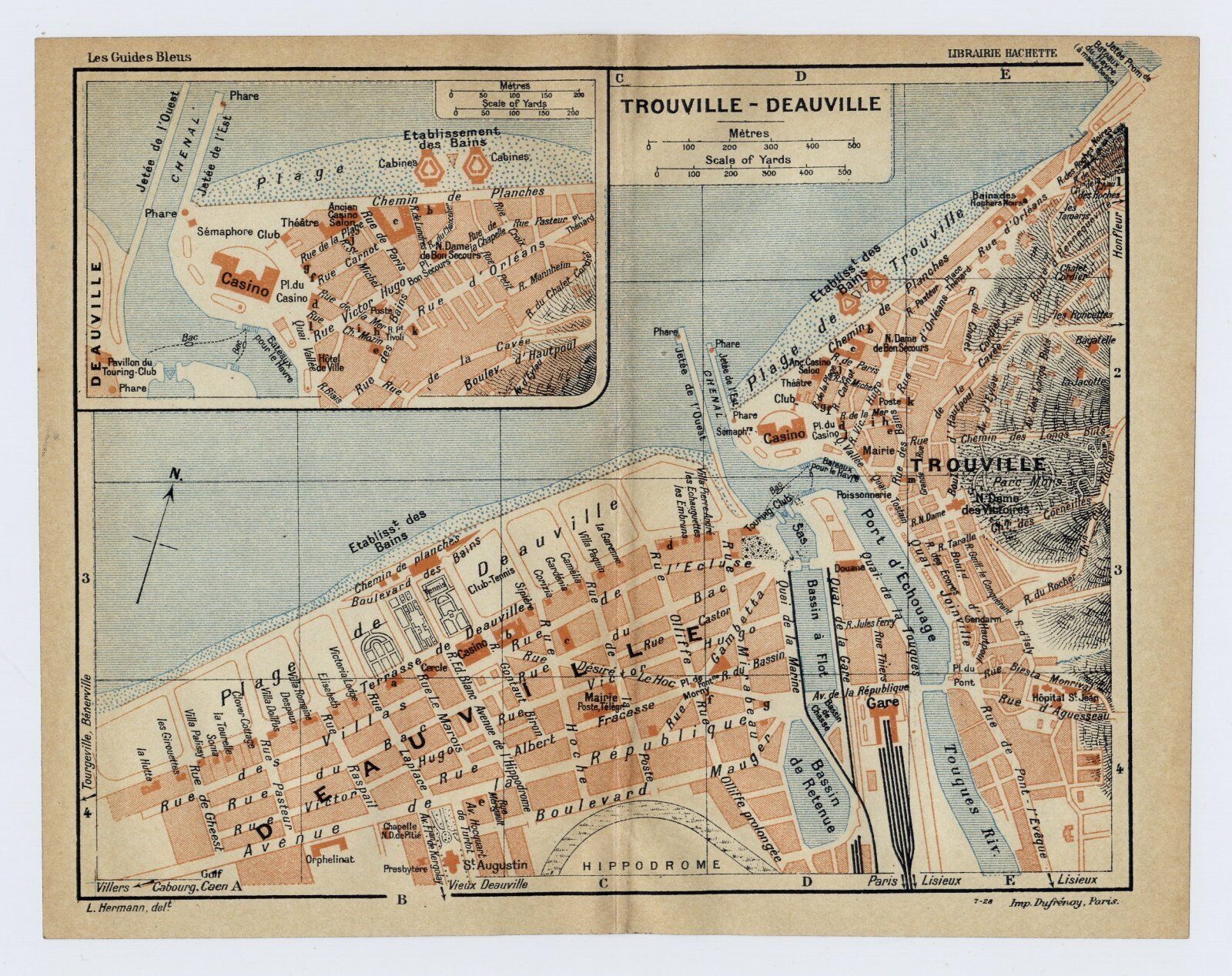 1926 ORIGINAL VINTAGE CITY MAP OF TROUVILLE-SUR-MER DEAUVILLE NORMANDY