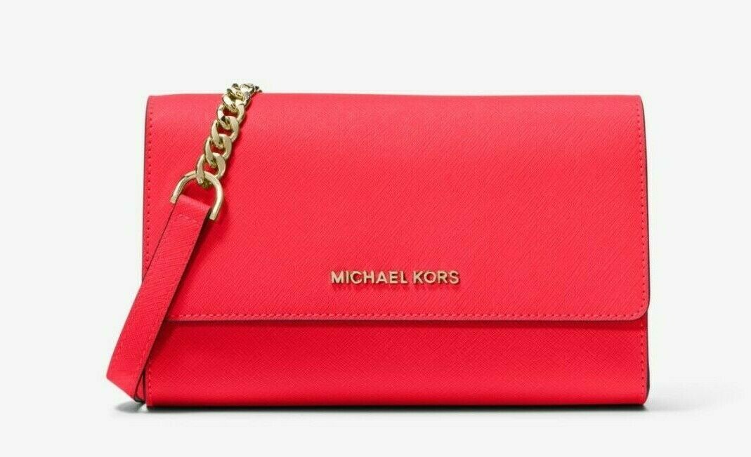 New Michael Kors Jet Set Travel Saffiano Leather 3-in-1 Crossbody Coral Reef