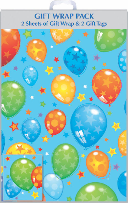 Gift Wrap Pack Blue Balloon Wrapping Paper 2 Sheets & 2 Tags F322/F