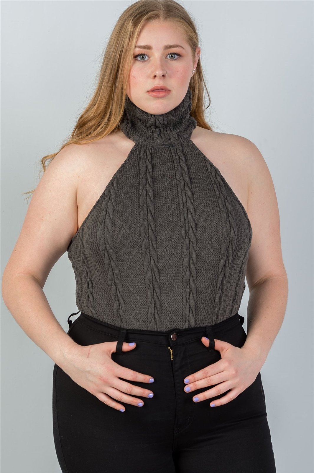 Ladies plus size cable knit turtleneck sleeveless bodysuit - T-Shirts ...