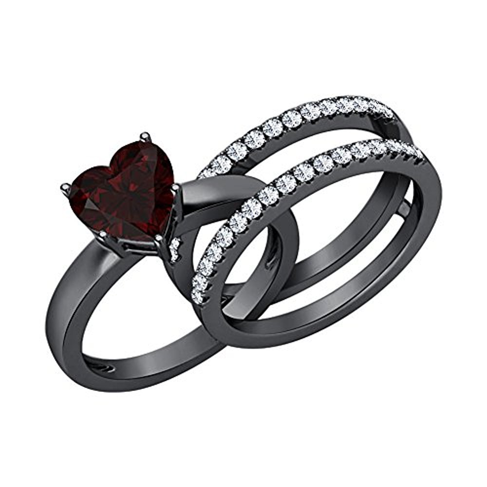 Heart Cut Red Garnet & White Dia 14K Black Gold Over Silver Enhancer Wedding Set