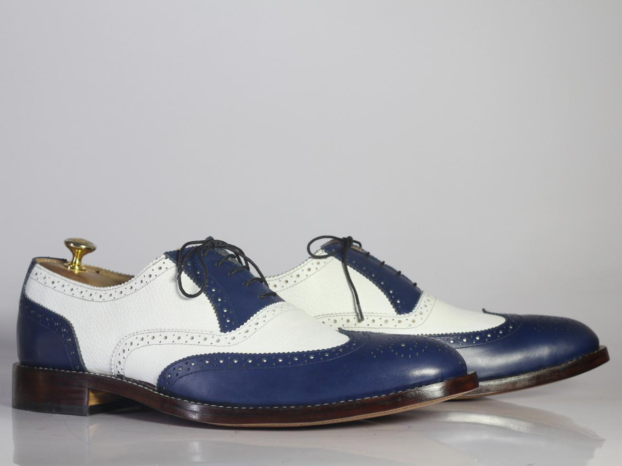 Handmade Men Blue White Wing Tip Brogue Shoes, Men Leather Lace Up
