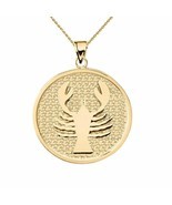 10K Solid Gold Cancer Zodiac Sign Disc Round Pendant Necklace 16" 18" 20" 22"  - $189.96 - $308.76