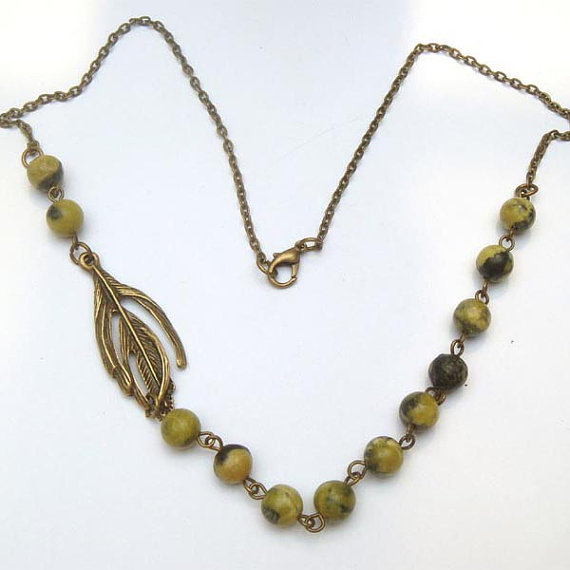 Antiqued Brass Leaf Yellow Turquoise Necklace - Necklaces & Pendants